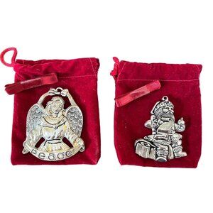 Gorham Peace Angel And Santa Claus With List Silver Plate Ornament Set Of 2